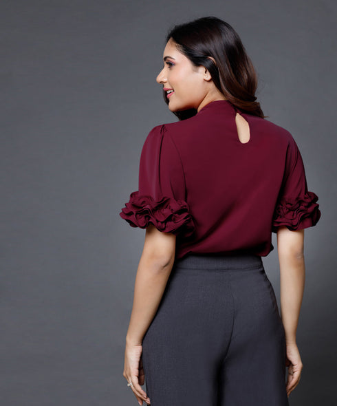 Sleeve Detailed Neck Tie Red Top